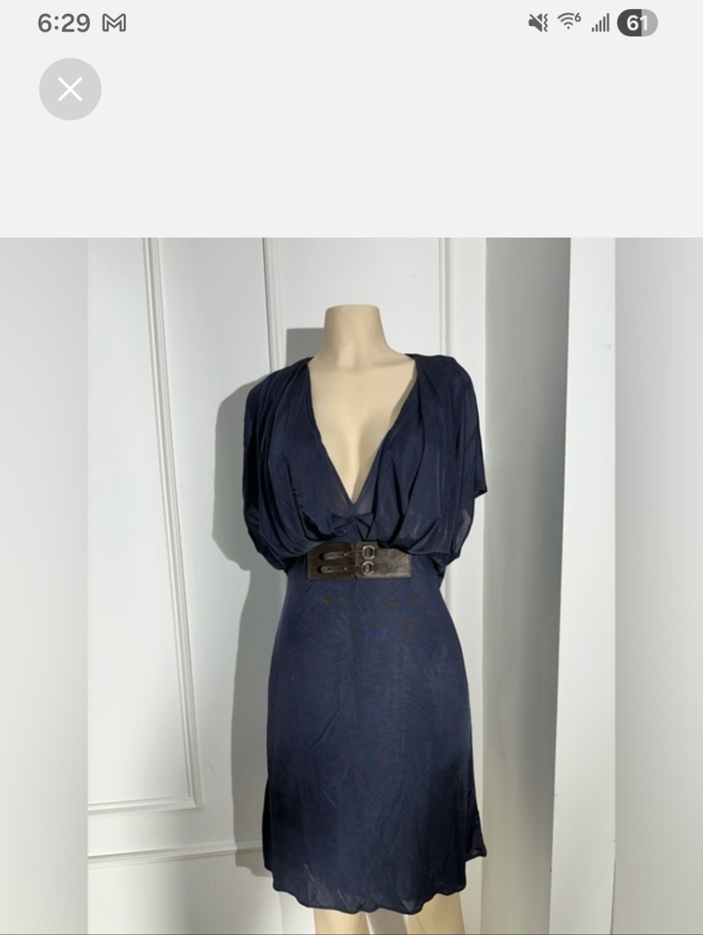 Yigal Azrouel Navy V-Neck Midi Dress with Buckle Waist Detail Size XS